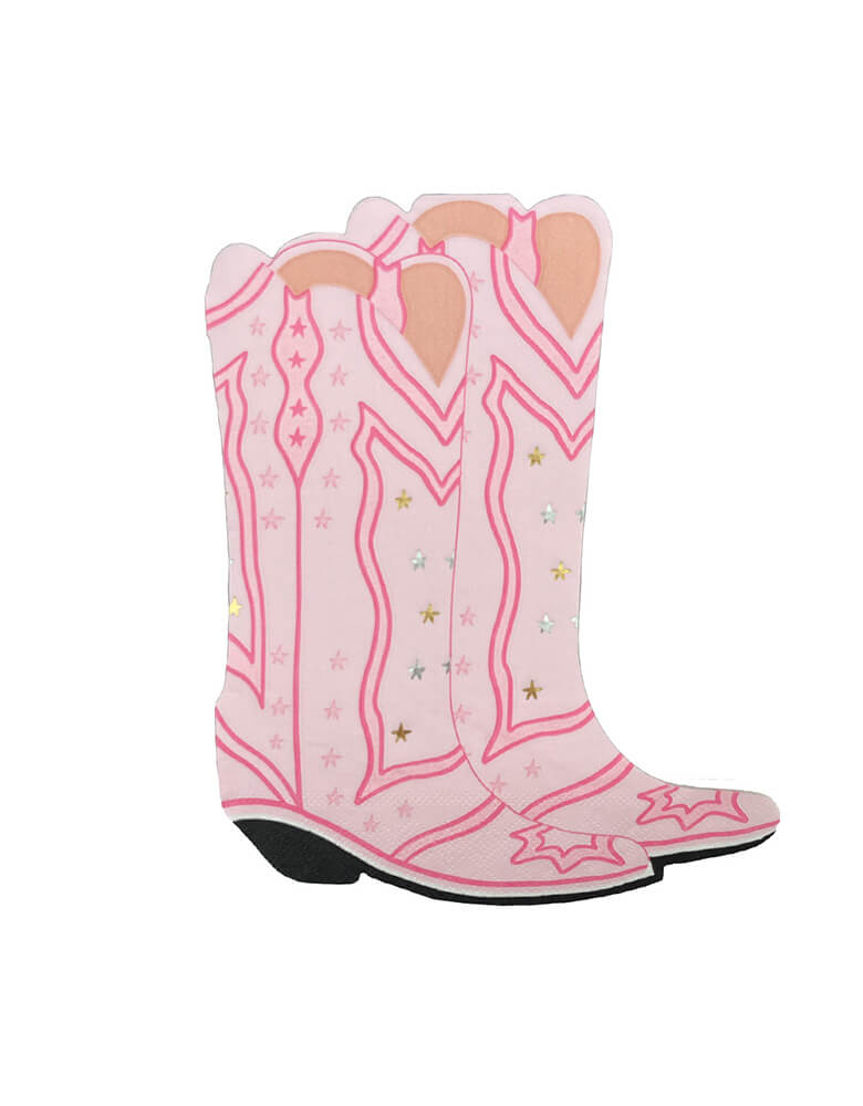 Momo Party's 7.25 x 6.25 inches Cowgirl Boots Shaped Large Napkins by Daydream Society. Comes in a set of 16 napkins, these pink cowgirl boot shaped napkins feature shades of pink detailed with silver and gold foil. They make the perfect addition to your next rodeo!
