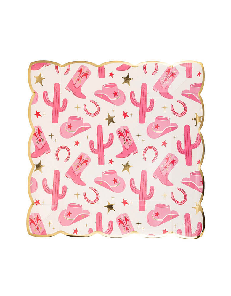 Momo Party's 9" x 9" cowgirl pattern paper plates by My Mind's Eye. Comes in a set of 8 paper plates, featuring a playful cowgirl pattern in pretty pink and shiny gold foil, this plate will add a touch of fun to any party. Round up your friends and get ready to chow down! They'r perfect for a kid's rodeo cowgirl themed birthday party or a disco cowgirl themed bachelorette party celebration!