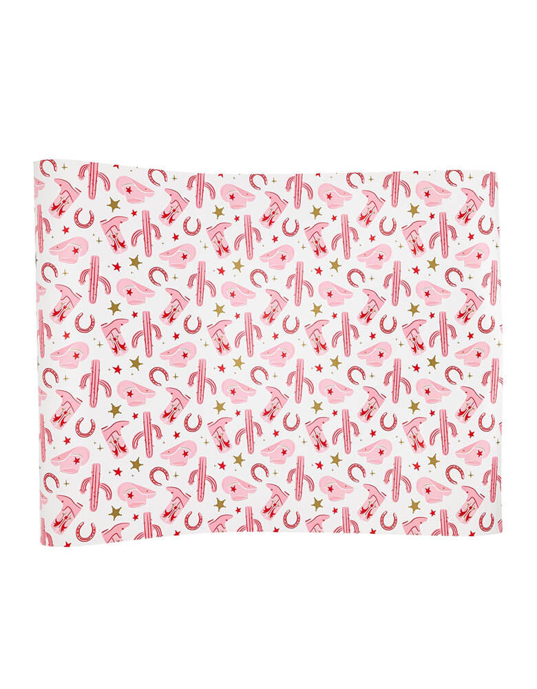 Momo Party's 16" x 120" cowgirl pattern paper table runner by My Mind's Eye. Perfect for any cowgirl-themed event, this pink table runner adds a playful touch to your party decor. Made with durable paper, it's easy to set up and adds a pop of color to your table. Featuring Western elements like cactus, cowgirl hats, horseshoes and gold stars in pink, this table runner is great for kid's cowgirl rodeo themed birthday bashes or a "let's go girls" disco cowgirl themed bachelorette party.