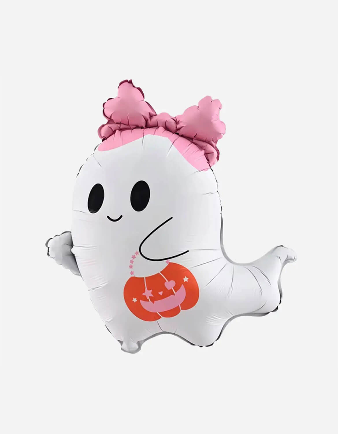 Momo Party's 27" Cute Pink Ghost Foil Mylar Balloon with a pink bow and a trick or treat bucket against a white background.
