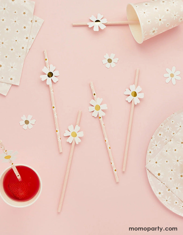 Momo Party's Daisy Paper Straws along with Napkins, party cups and paper plates by Hooty Balloo. Comes in a set of 16 straws, these darling paper straws in blush are perfect for a spring inspired party or Mother's Day celebration.