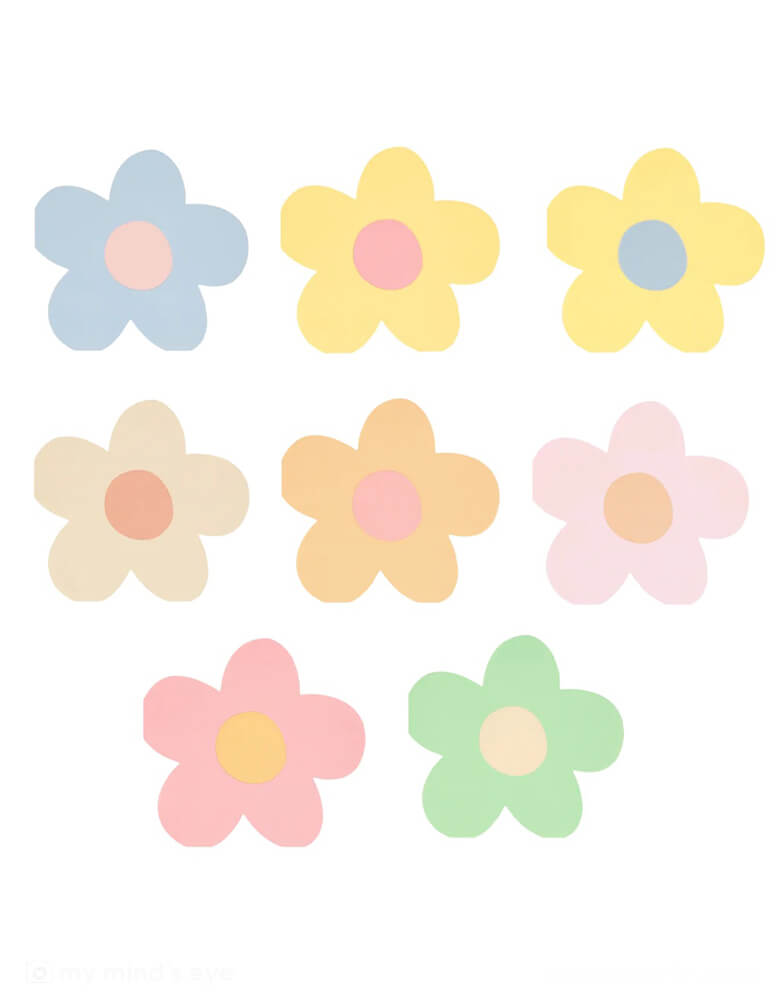 Momo Party's 6.5" x 6" daisy shaped napkins by Meri Meri. Comes in a set of 16 napkins in 8 colors:  pink, pale pink, peach, yellow, mint, ivory and blue mixed with co-ordinating colored centers, these 90s-inspired daisy napkins will add instant joy to any party. They're ideal for picnics, garden parties or anywhere you want a perfectly pastel color theme.