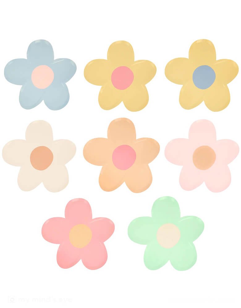 Momo Party's 9.25 x 8.75 x 0.25 inches daisy shaped plates by Meri Meri. Comes in a set of 8  plates in 8 colors: pink, pale pink, peach, yellow, mint, ivory and blue mixed with co-ordinating colored centers, these 90s-inspired daisy plates will add instant joy to any party. They're ideal for picnics, garden parties or anywhere you want a perfectly pastel color theme.