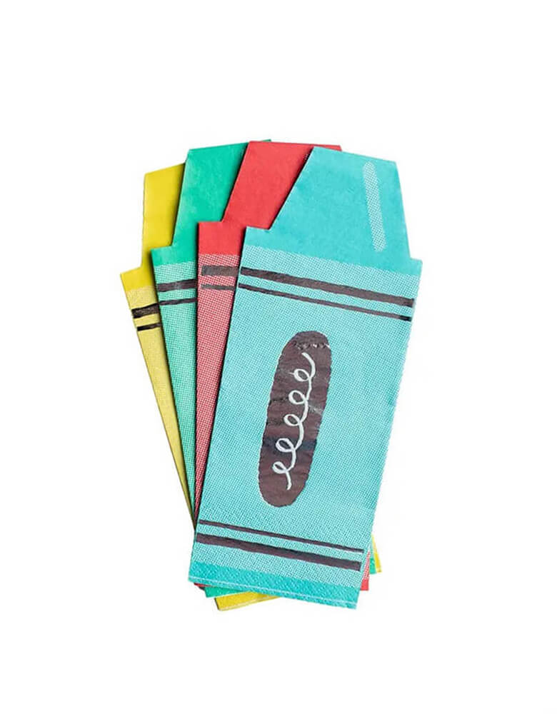 Momo Party's 8 x 3 inches crayon shaped napkins by Daydream Society. Come in a set of 16 napkins in 4 colors including red, yellow, green and blue, these fun and festive napkins are perfect for your kid's first day of school celebration or a back to school party!