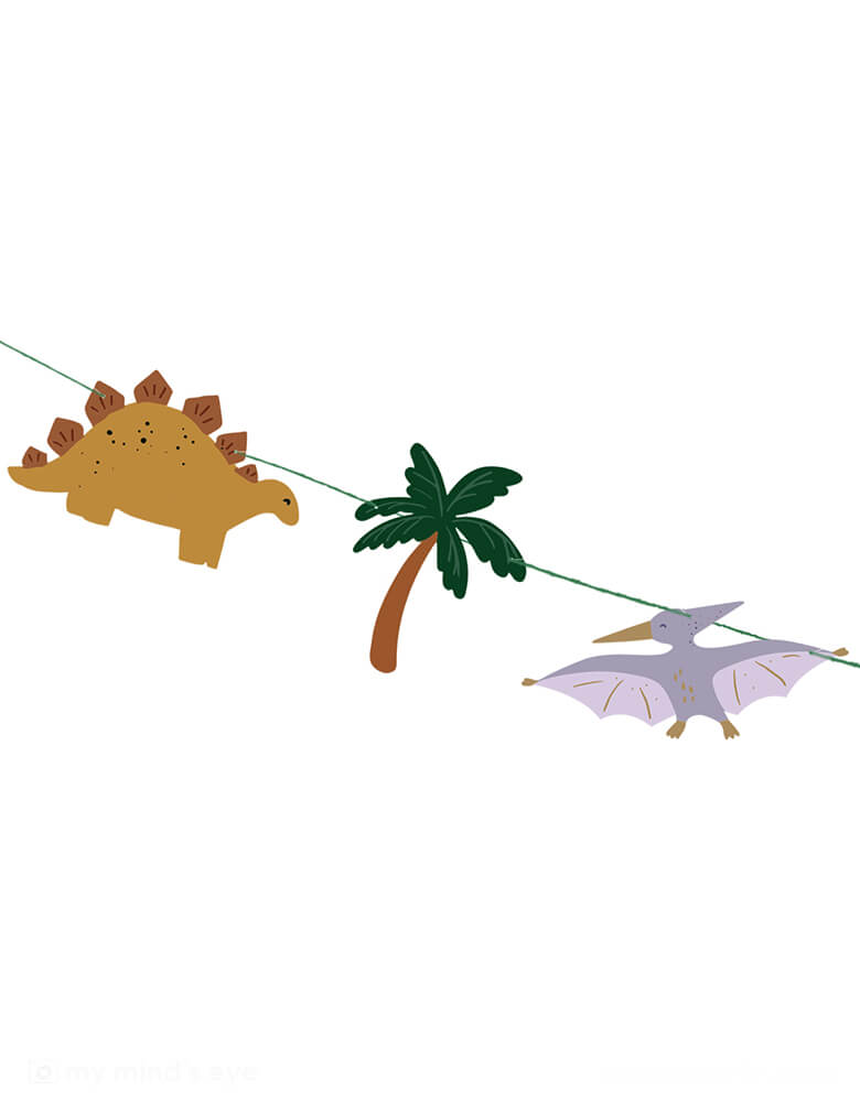 A close up shot of Momo Party's 14' Dinosaur Happy Birthday Banner by Party Deco. Featuring various types of dinosaurs, palm tree, and green HAPPY BIRTHDAY pennants, it's a perfect addition to kid's dinosaur themed birthday celebration.