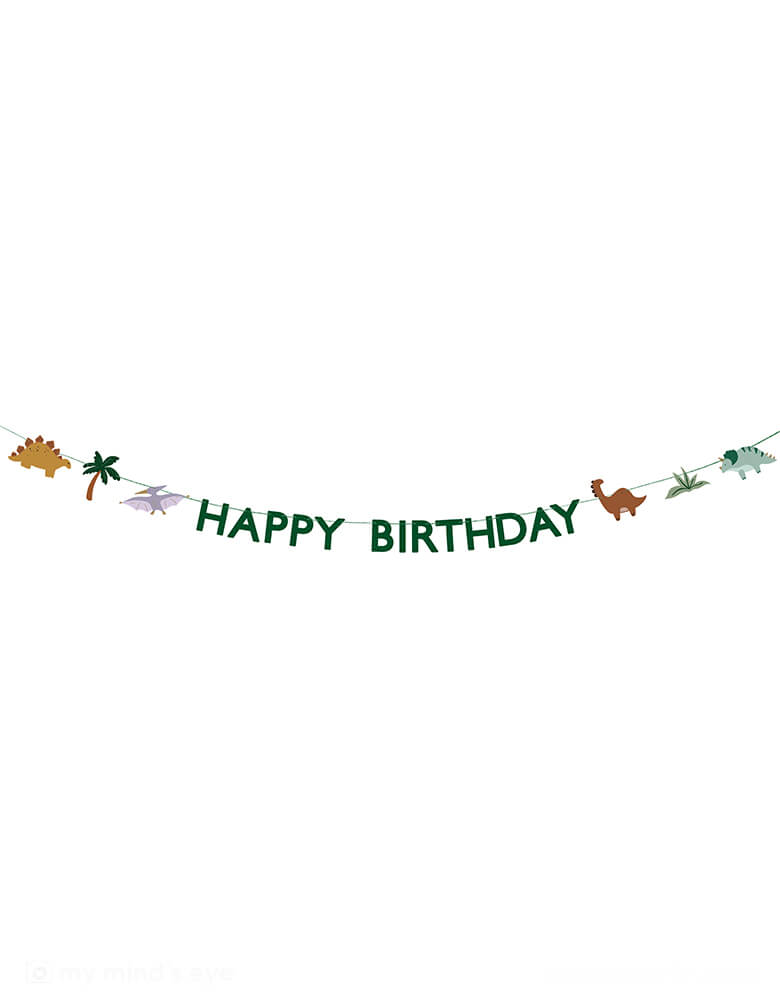 Momo Party's 14' Dinosaur Happy Birthday Banner by Party Deco. Featuring various types of dinosaurs, palm tree, and green HAPPY BIRTHDAY pennants, it's a perfect addition to kid's dinosaur themed birthday celebration.