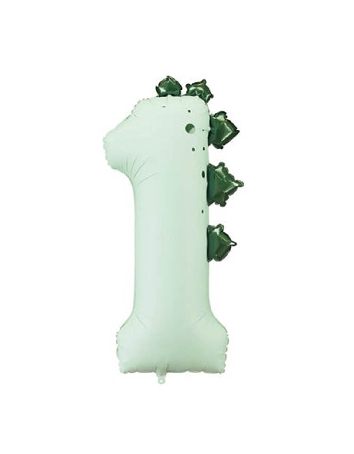 Momo Party's inflated Dinosaur Number one Foil Mylar Balloon with green dinosaur  spikes design in soft mint color on a white background.