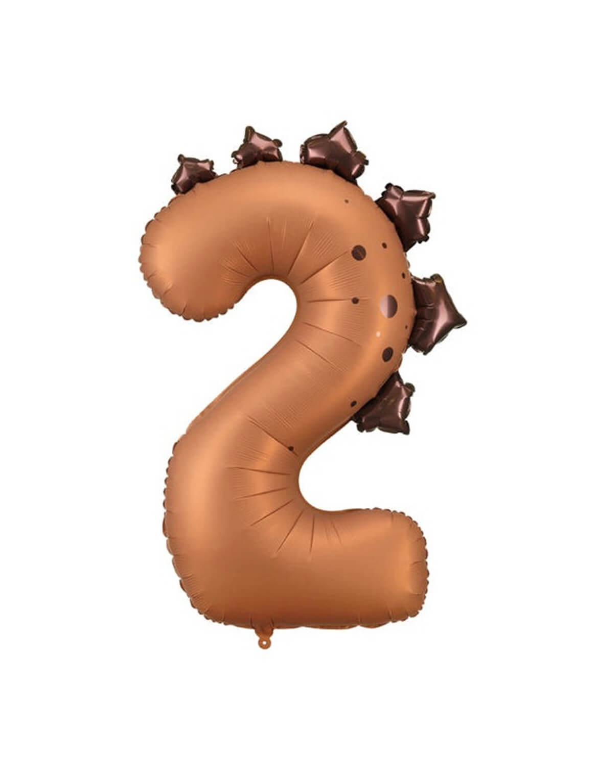 Momo Party's inflated Dinosaur Number two Foil Mylar Balloon with dark brown dinosaur spikes design in matte mocha brown color on a white background.