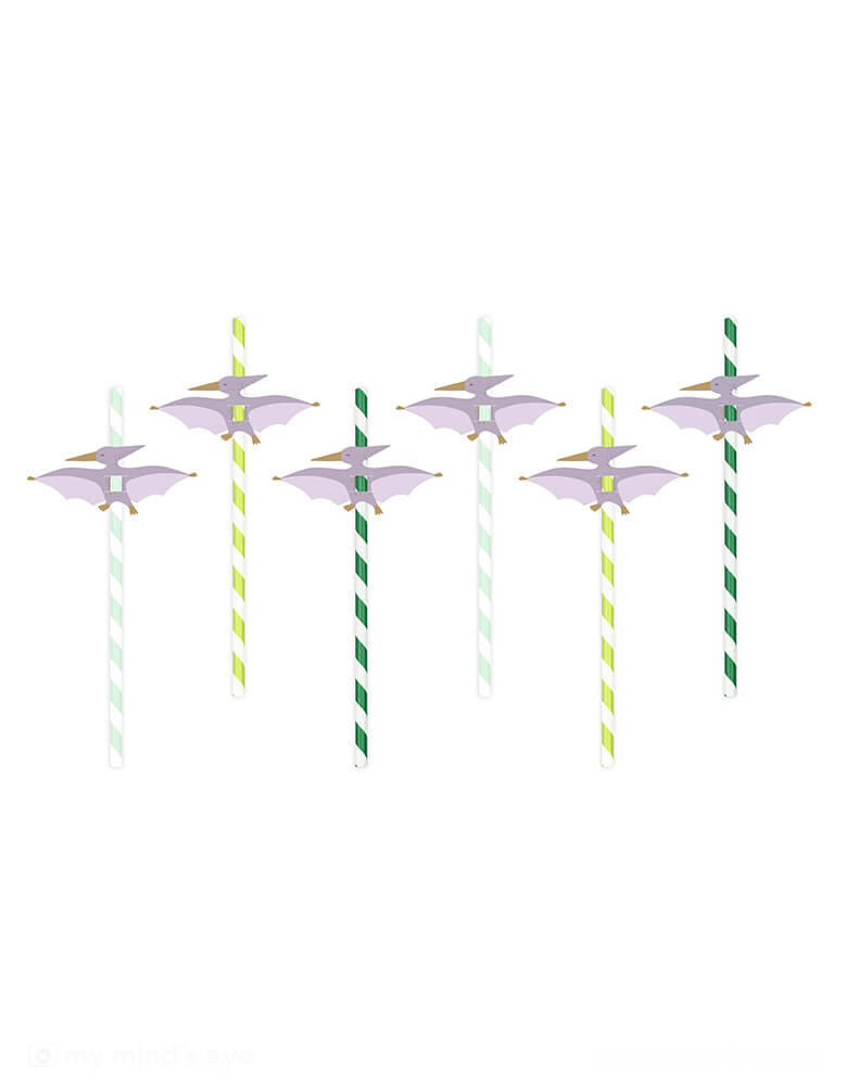 Momo Party's Pterodactyl Paper Straws by Party Deco. Featuring striped straws in different shades of green each topped with a li lac Pterodactyl, this set of 6 straws are perfect for kid's dinosaur themed birthday party.