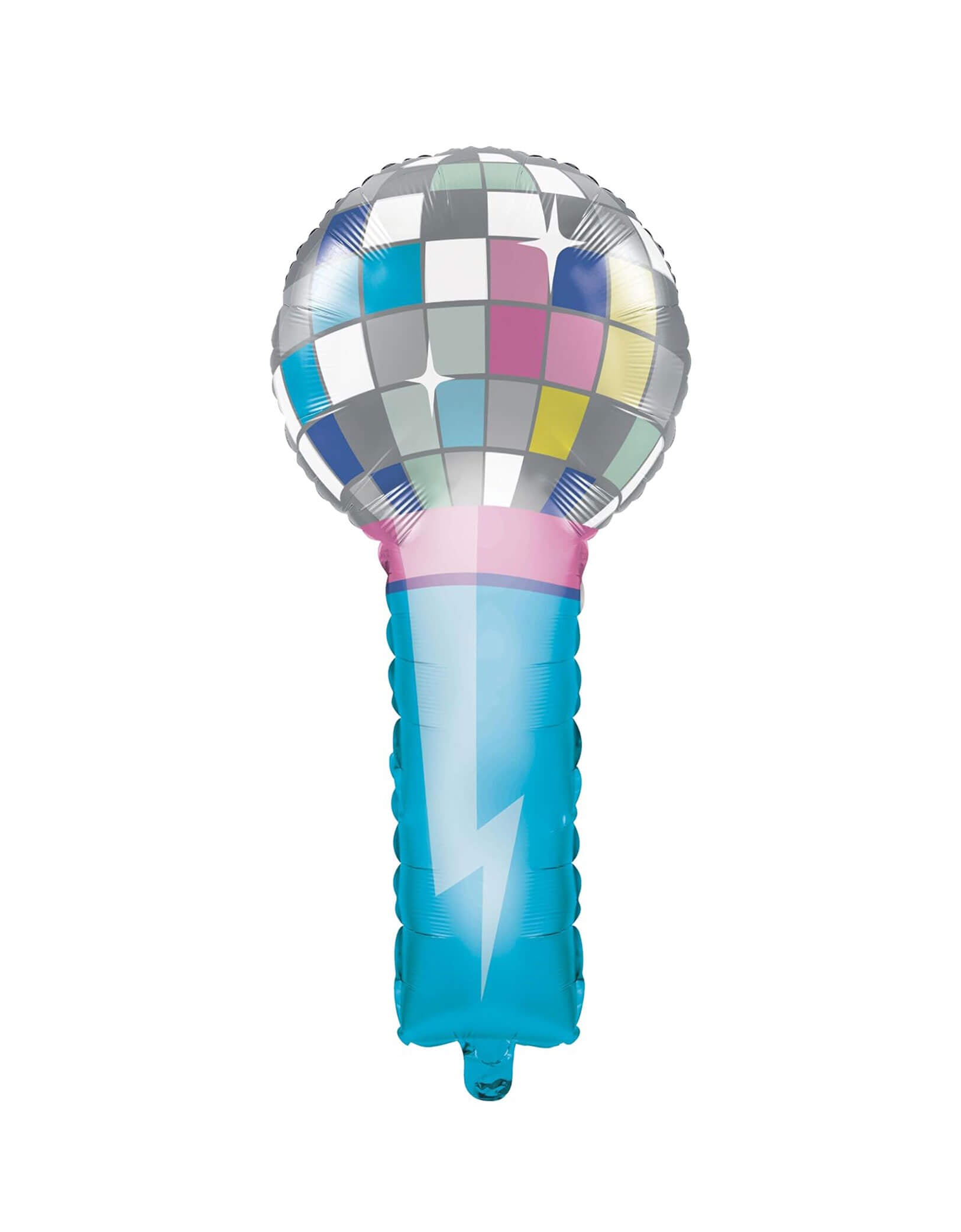 Momo Party's 32.5" x 15.5" Disco Ball Microphone Shaped Foil Balloon.  Featuring a disco ball style complete with tones of pastel blue, candy pink, and mimosa yellow, this is sure to be a fun addition that guests will love. Hang it up in an entryway, near a serving table, or by a wall for a fun photo booth prop! 