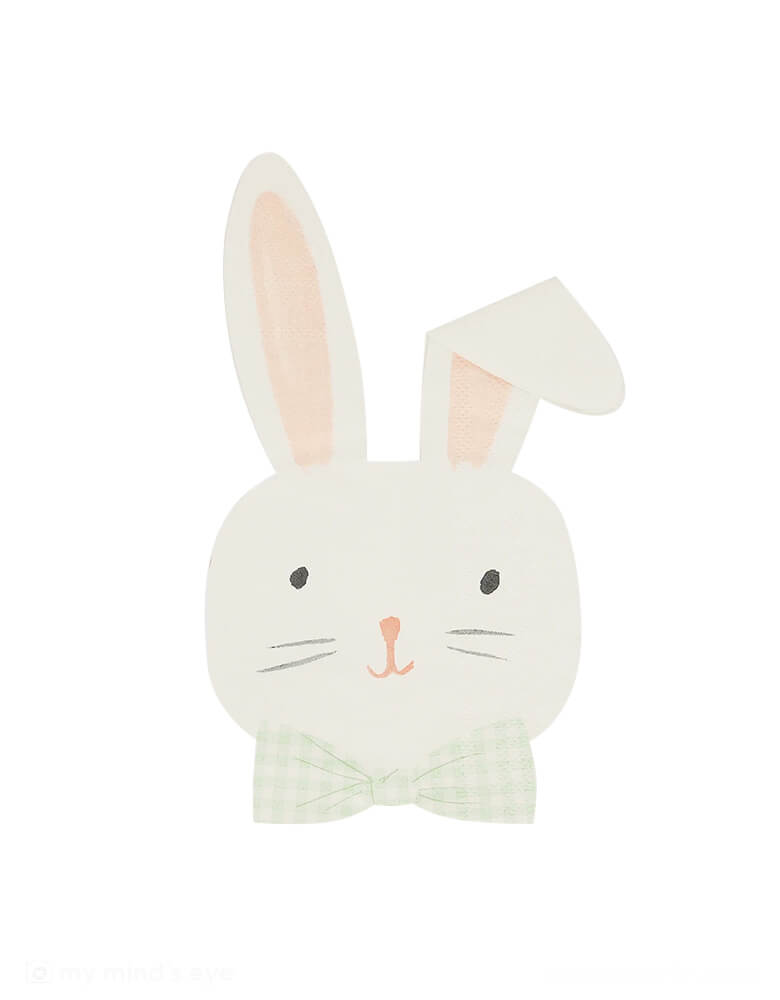 Momo Party's 4.25" x 7.75" Easter Bunny Shaped Napkins by Meri Meri. Comes in a set of 16 napkins, these bunny shaped napkins are made from sustainable FSC paper. With Mint and white gingham bow details, they're adorable additions to your Easter table this spring!