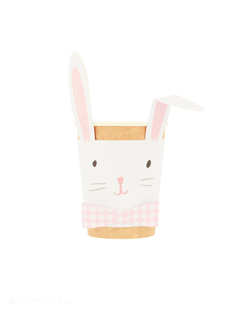 Momo Party's 9oz Lop Eared Bunny Cups by Meri Meri. Comes in a set of 8 party cups, these kraft cups with bunny wraps featuring gingham bowties The bowties have a gingham design in blue, yellow, mint and pink. They're perfect for kids for an adorable Easter celebration!