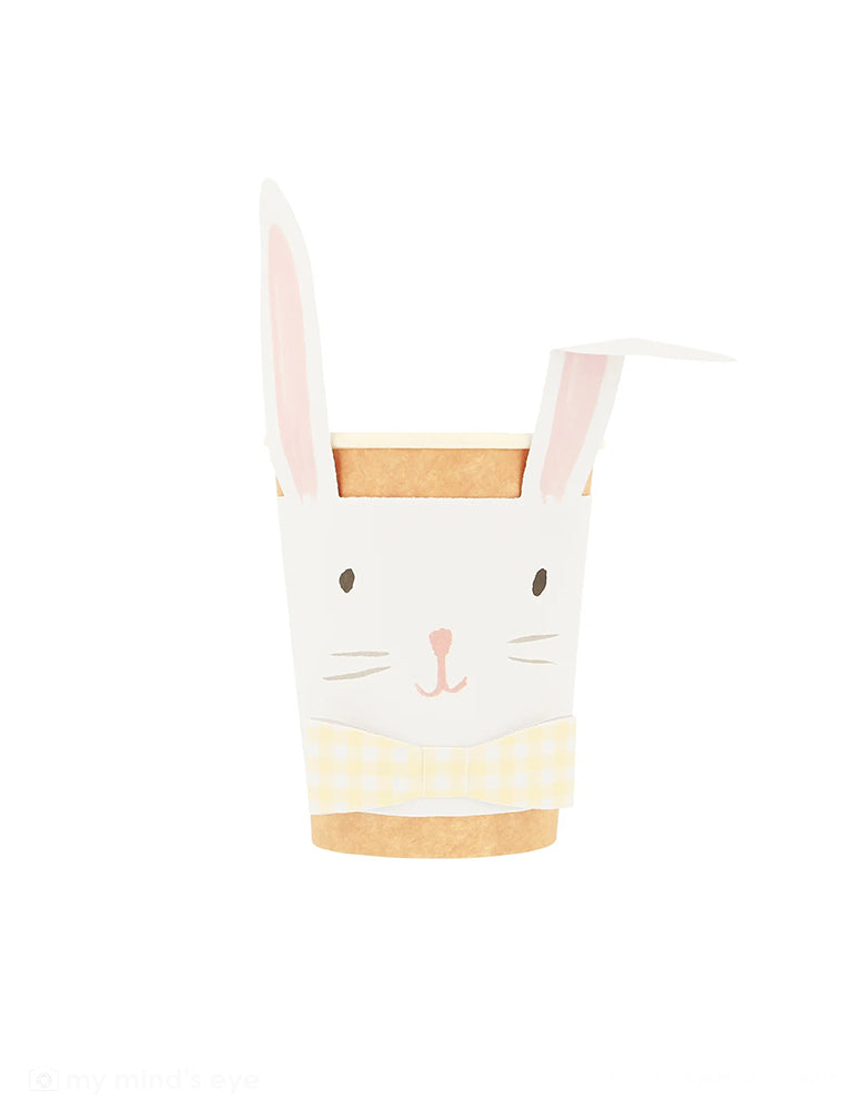 Momo Party's 9oz Lop Eared Bunny Cups by Meri Meri. Comes in a set of 8 party cups, these kraft cups with bunny wraps featuring gingham bowties The bowties have a gingham design in blue, yellow, mint and pink. They're perfect for kids for an adorable Easter celebration!
