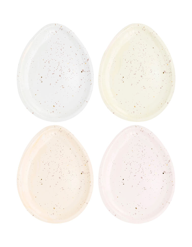 Momo Party's 7" x 9" Easter Egg Plate Set by My Mind's Eye. This playful set features speckled eggs in four colors, adding charm and whimsy to your table. Get your Easter celebration hopping with these quirky plates! 