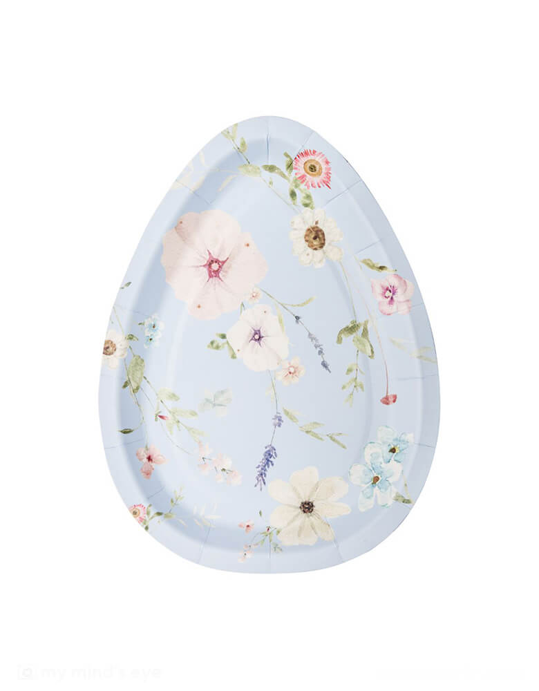 Momo Party's 4.5" x 8" Easter Egg Shaped Salad Plates by Sophisitiplate. A perfect die-cut plate in the shape of an egg with floral design in 4 colors including lilac, white, pink and blue. The perfect appetizer or dessert plate to showcase the stunning beauty of charming Easter!