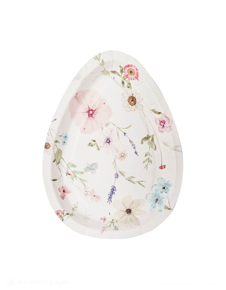 Momo Party's 4.5" x 8" Easter Egg Shaped Salad Plates by Sophisitiplate. A perfect die-cut plate in the shape of an egg with floral design in 4 colors including lilac, white, pink and blue. The perfect appetizer or dessert plate to showcase the stunning beauty of charming Easter!
