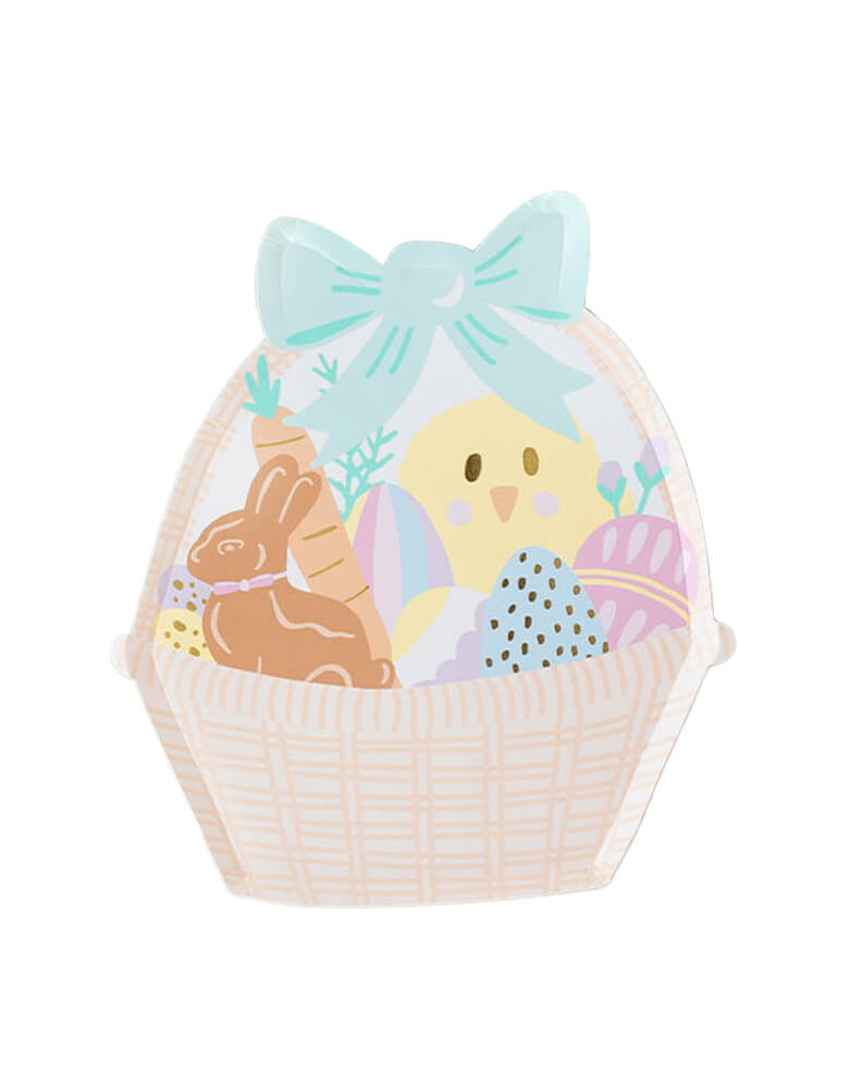 Momo Party's 9.5" x 10.75" Easter Fun Large Basket Shaped Plates by Daydream Society. These sweet basket plates feature adorable design of a chick, a chocolate Easter bunny, some Easter eggs, carrots in a pastel color palette and gold foil detailing. They're a perfect set at the table for Easter Sunday!