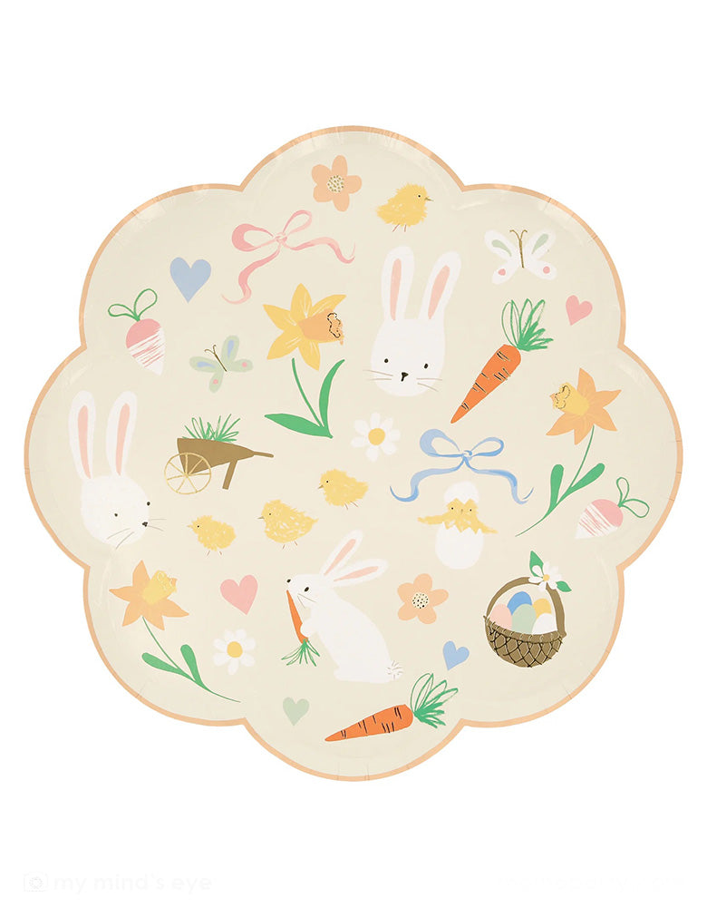 Momo Party's 10.5" Easter Icons Dinner Plates by Meri Meri. Comes in a set of 8 paper dinner plates in 4 colors on the boarder: pink, orange, mint, and blue, these scallop edged dinner plates feature iconic Easter themed illustrations including Easter bunnies, carrots, chicks, butterflies, flowers, bows, eggs, and daisies. These charming dinner plates will look great for your little ones at this year's Easter celebration.