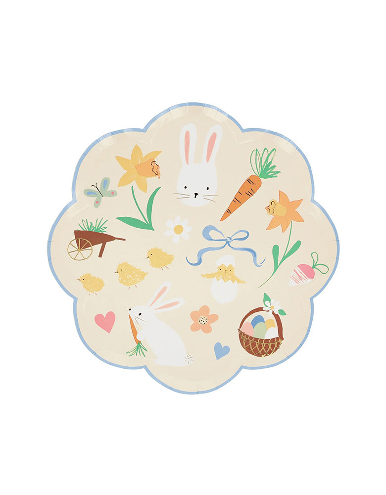 Momo Party's 8.5" Easter Icons Side Plates by Meri Meri. Comes in a set of 8 paper dinner plates in 4 colors on the boarder: pink, orange, mint, and blue, these scallop edged dinner plates feature iconic Easter themed illustrations including Easter bunnies, carrots, chicks, butterflies, flowers, bows, Easter basket, Easter eggs, and daisies. These charming dinner plates will look great for your little ones at this year's Easter celebration.