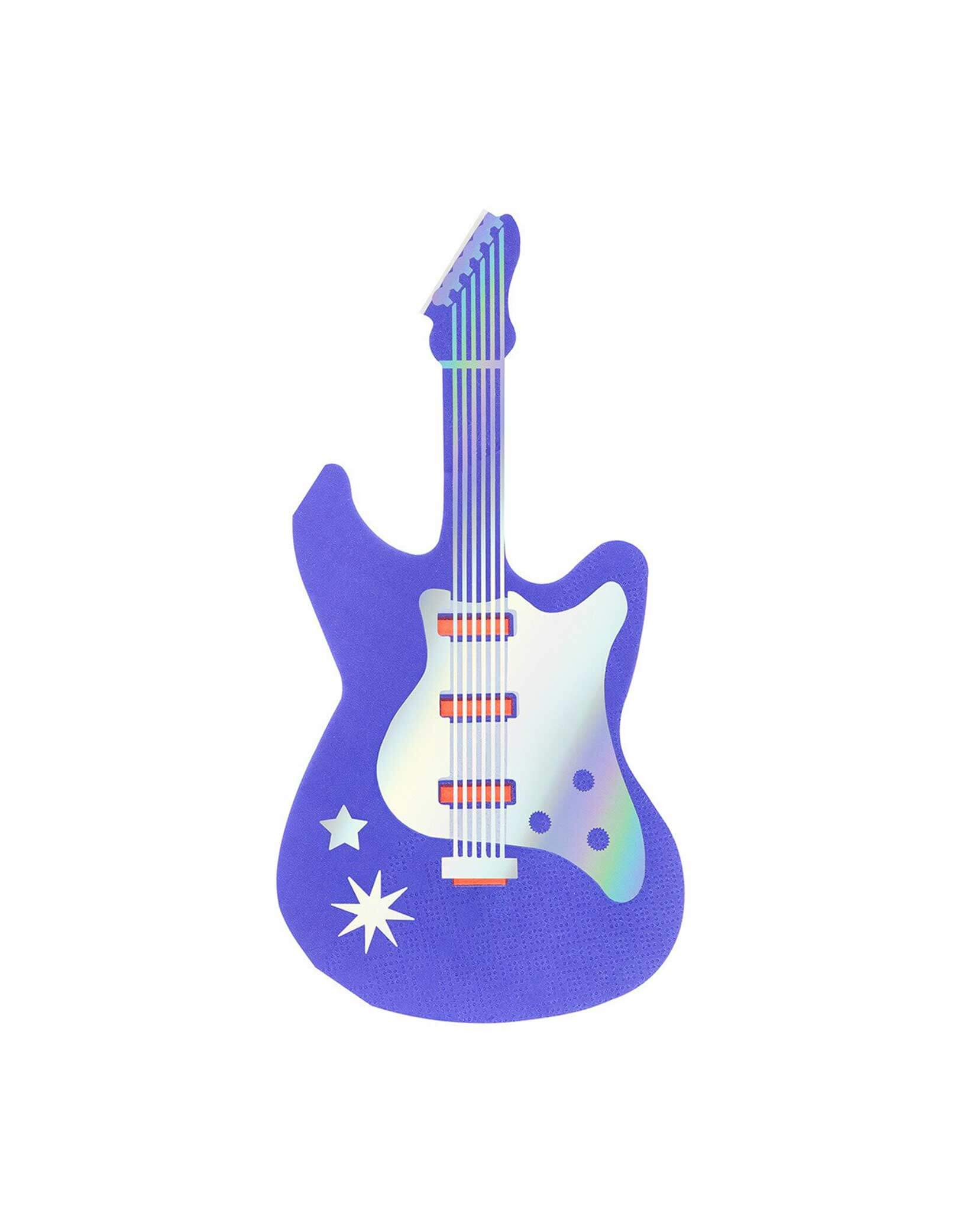 Momo Party's purple electric guitar shaped napkin with star and moon designs by Meri Meri on a white background.