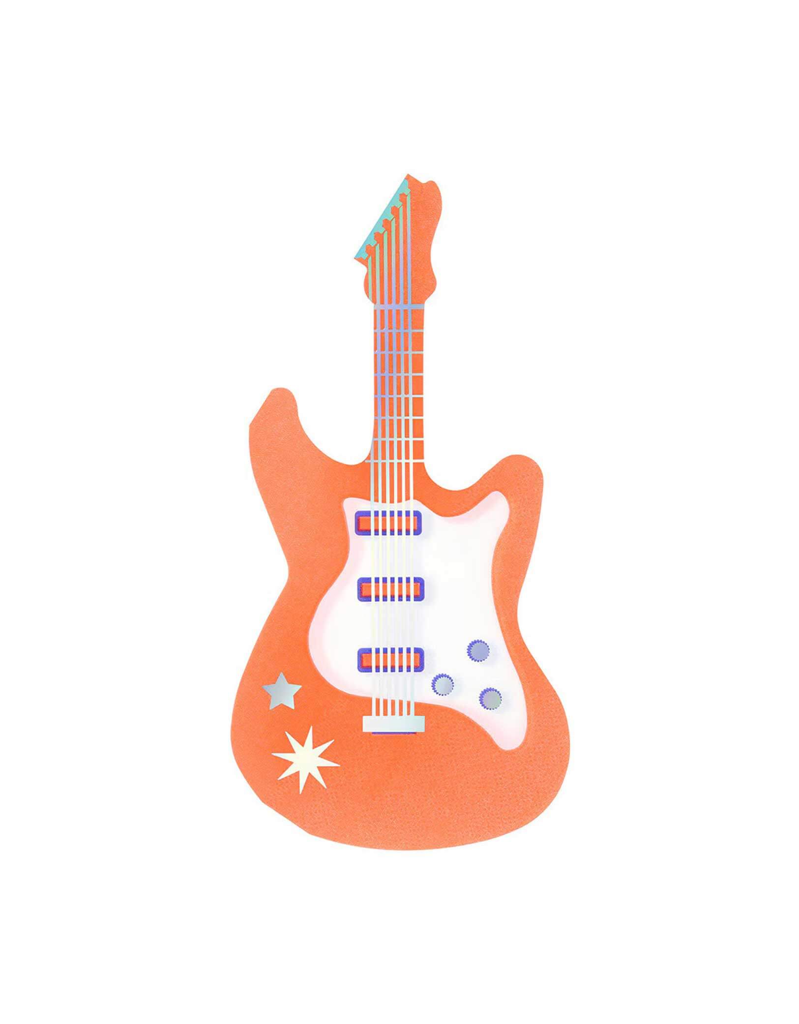 Momo Party's red electric guitar shaped napkin with star and moon designs by Meri Meri on a white background.