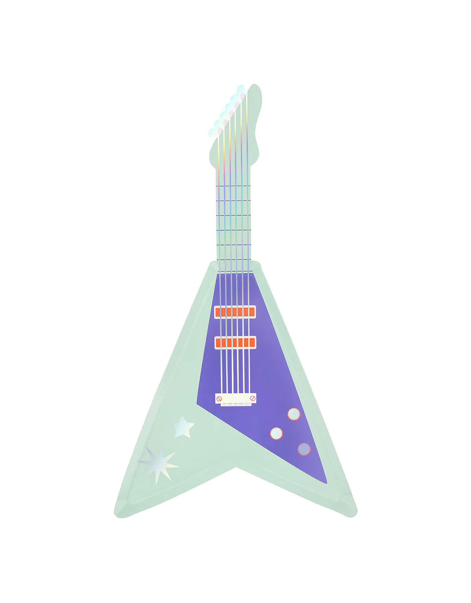 Momo Party's mint electric guitar-shaped plate with silver foil by Meri Meri on a white background.