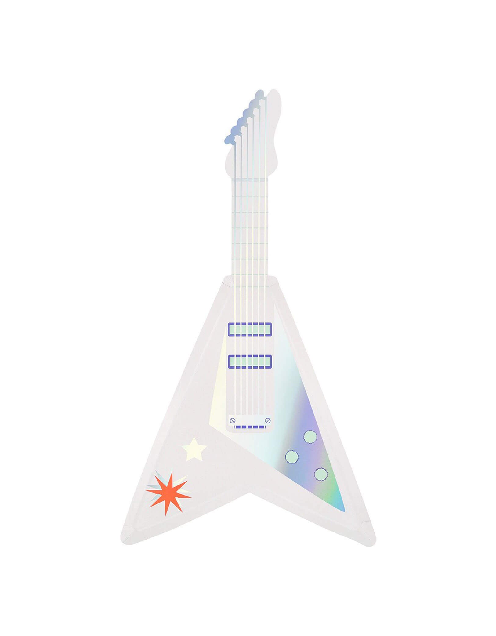 Momo Party's white electric guitar-shaped plate with silver foil by Meri Meri on a white background.
