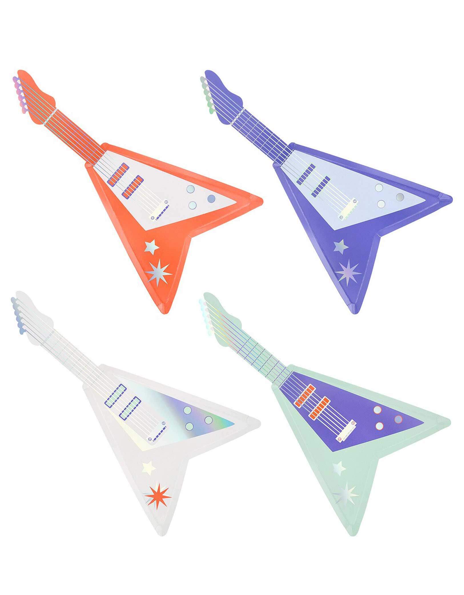 Momo Party's four colorful electric guitar-shaped plates in red, purple, mint, and white with silver foil by Meri Meri on a white background.