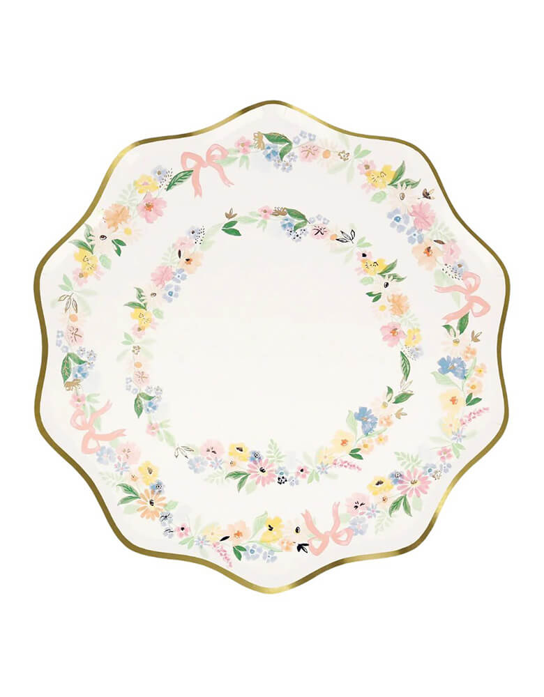 Momo Party's 10.5x10.5 inches Elegant Floral Dinner Plates by Meri Meri. These Spring party plates offer an elegant combination of watercolor flowers and on-trend bows, in dreamy pastel colors. Perfect for garden parties, bridal showers or any celebration where you want a refined look.