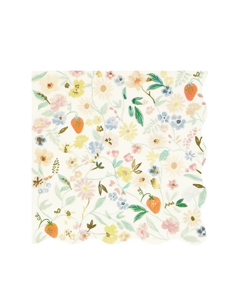 Momo Party's 6.5 x 6.5 elegant floral large napkins by Meri Meri. The elegant combination of watercolor flowers, strawberries and on-trend bows, in dreamy pastel colors, on these large napkins is perfect for garden parties, bridal showers or any celebration where you want a refined effect.