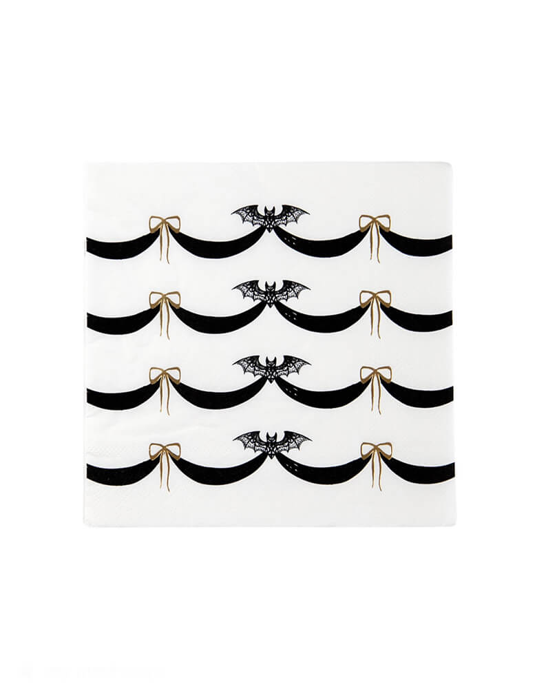 Momo Party's 6.5" Elegant Halloween Large Napkins by Bonjour Fete. These napkins feature a lacy bat pattern and gold accents that add a touch of sophistication to any Halloween party. Designed for both kids and adults, these napkins are sure to impress with their refined yet spooky design.