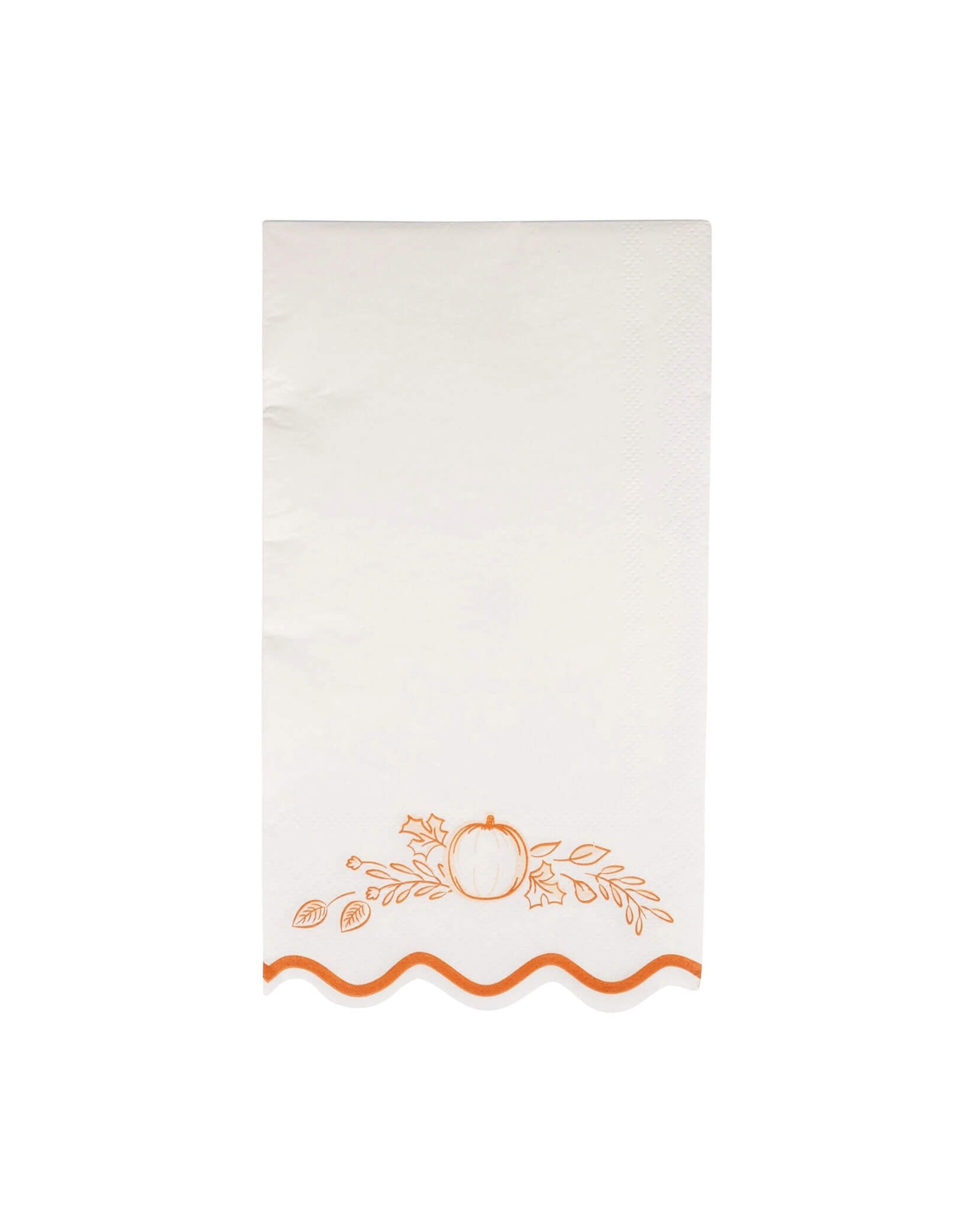 Momo Party's 4.25" x 7.75" Falloween Pumpkin Guest Napkins with orange decorative border and a pumpkin design by My Mind's Eye on a white background.