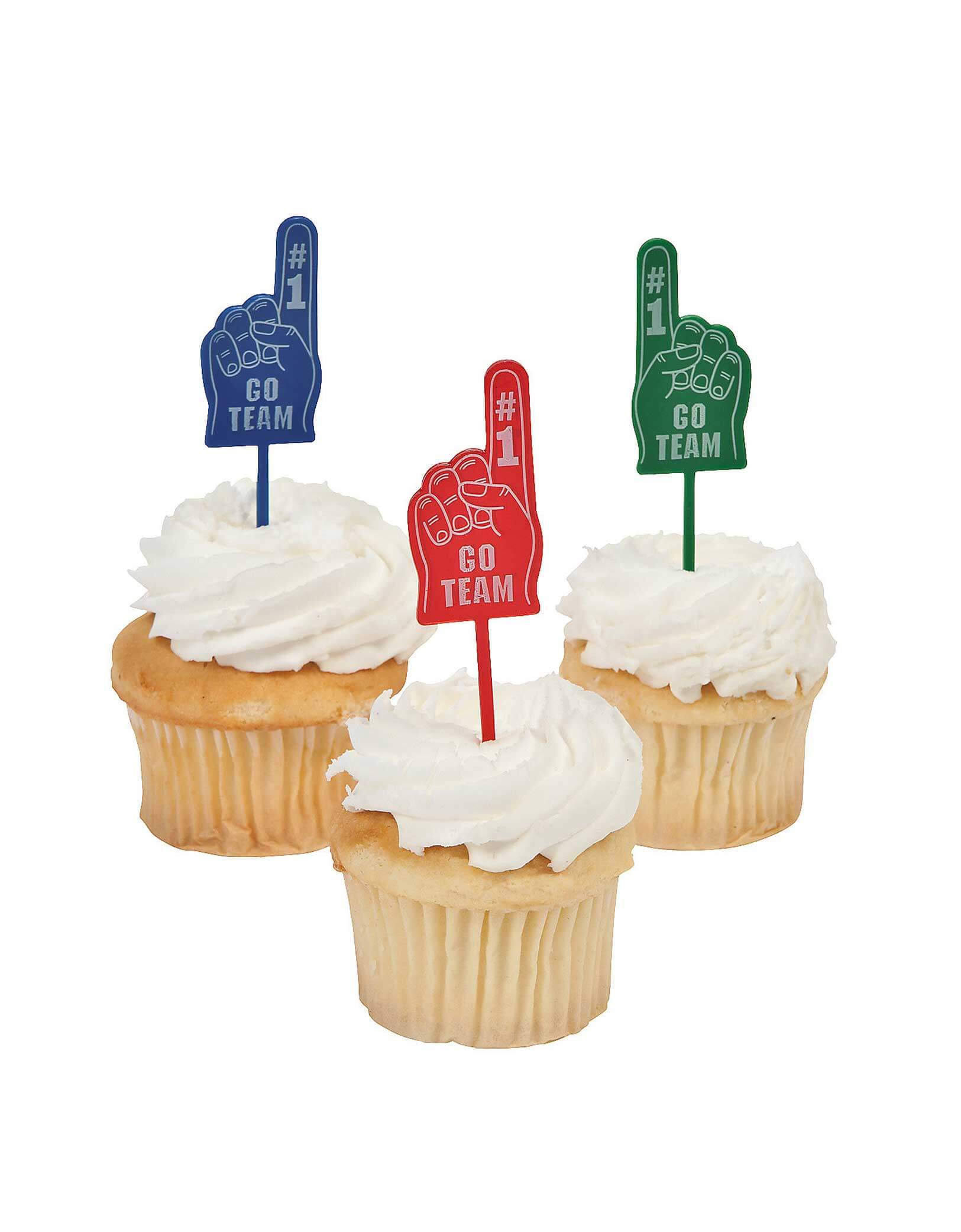 Cupcakes with foam finger-style cupcake toppers on a white background.