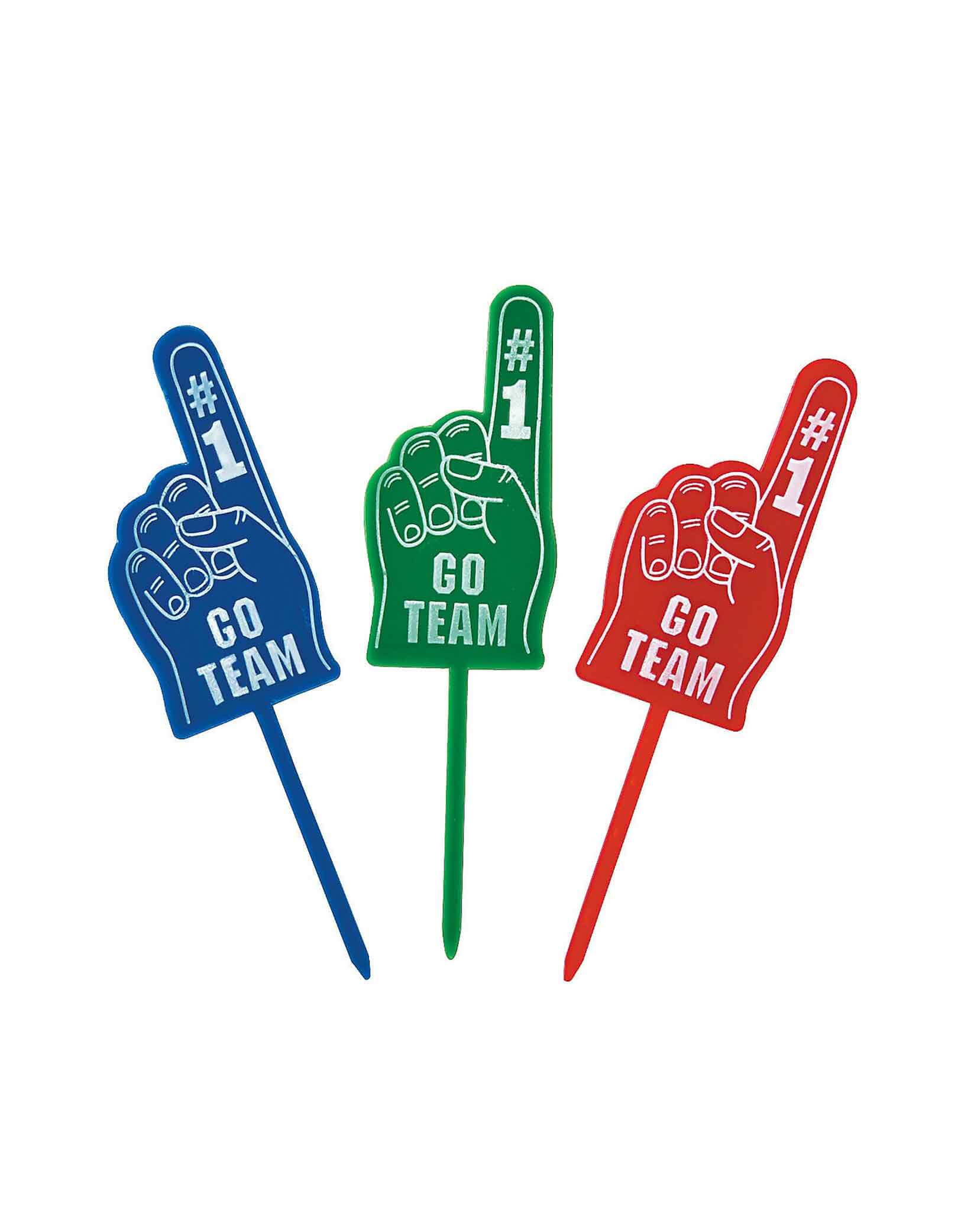 Momo Party's 3" Fan Finger Treat Picks in 3 different colors of red, blue and green by Oriental Trading Company on a white background.