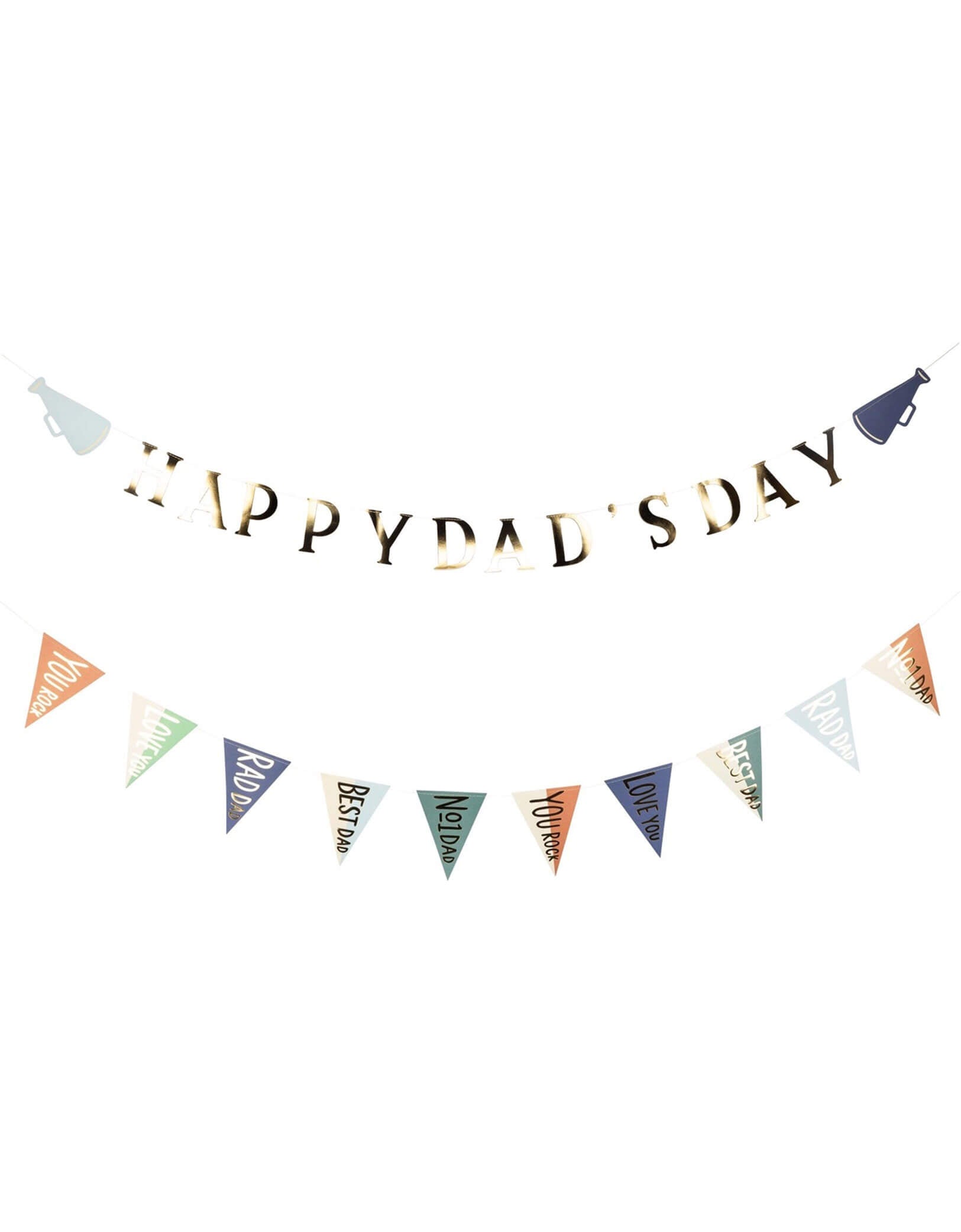 Momo Party's 6' Father's Day Banner Set by My Mind's Eye. This banner sets comes in 2, one says Happy Dad's Day, the other has pennant flags. Perfect for a Father's Day party, this banner adds a fun touch to your décor. Show your dad some love with this unique and playful set. Order now and make your celebration one to remember!