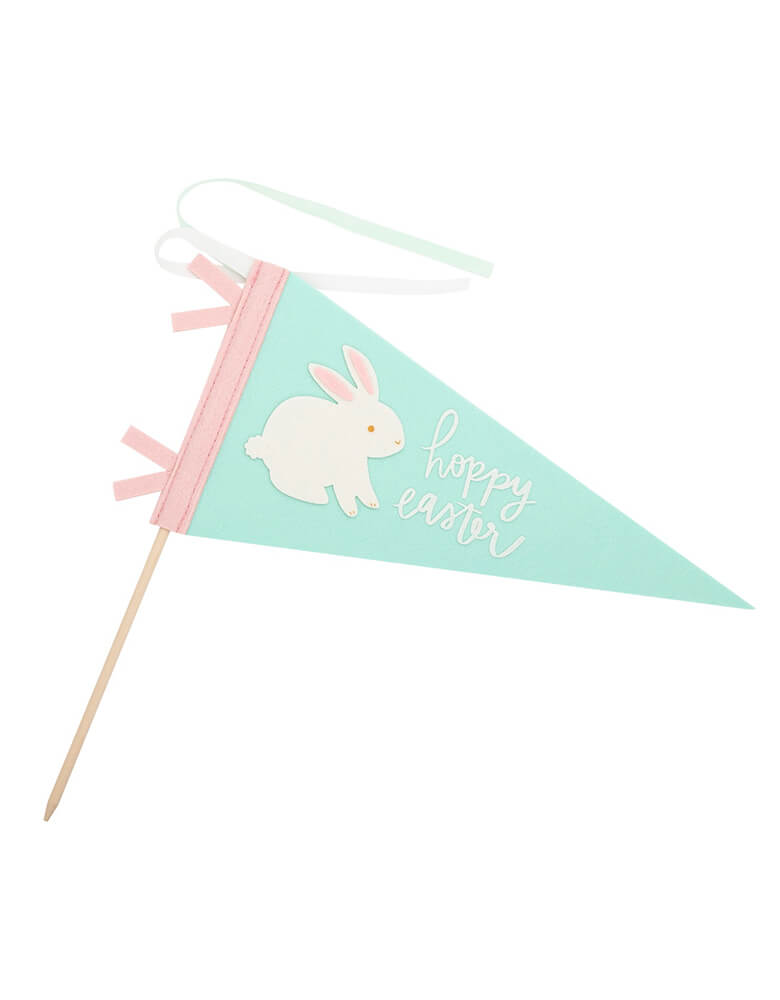 Momo Party's 15" Hoppy Easter Felt Pennant Banner by My Mind's Eye. This playful banner features a teal background and adorable Easter bunny design made from durable felt material. Perfect for adding a fun touch to any Easter party or celebration. Hop to it and add this banner to your decorations today!