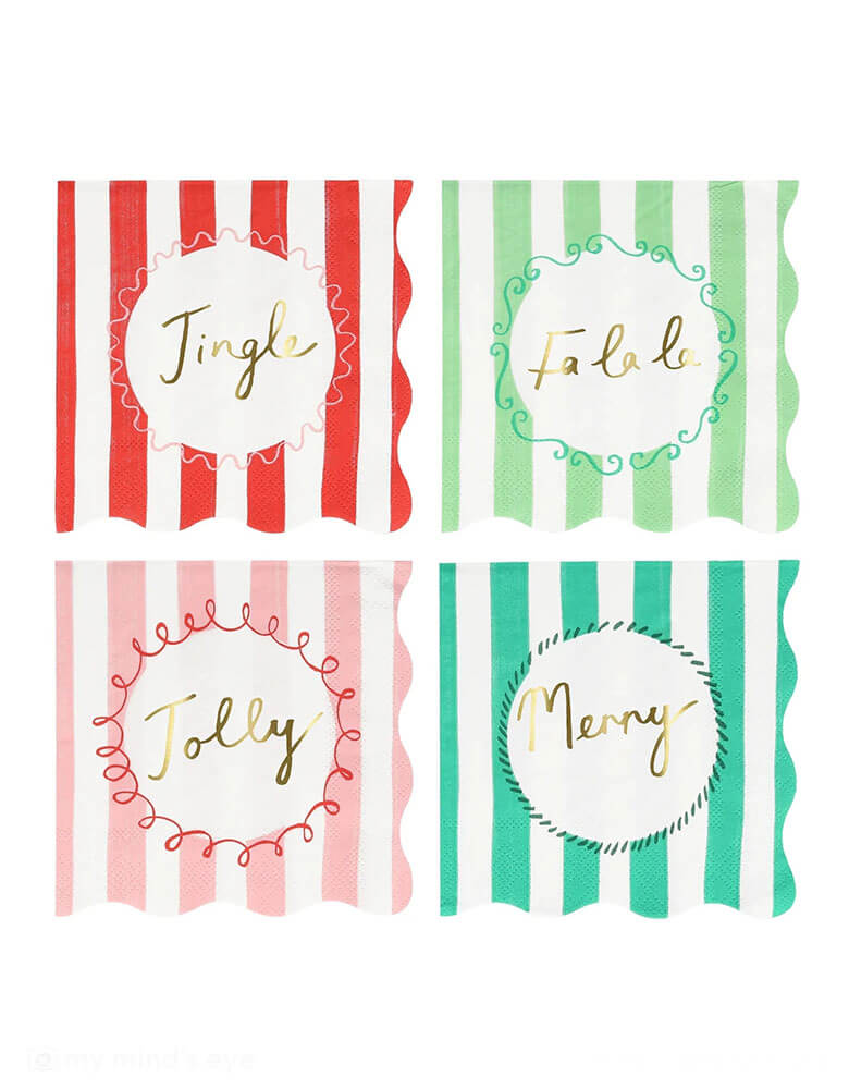 Momo Party 6.5 x 6.5 inches Christmas Striped Large Napkins by Meri Meri. Comes in a set of 16 napkins in 4 colors of red, pink, mint, and green, these vintage inspired designs, with fun messages, will instantly add style to your Christmas celebrations. They're perfect for Christmas dinner, or for any festive drinks or gathering.