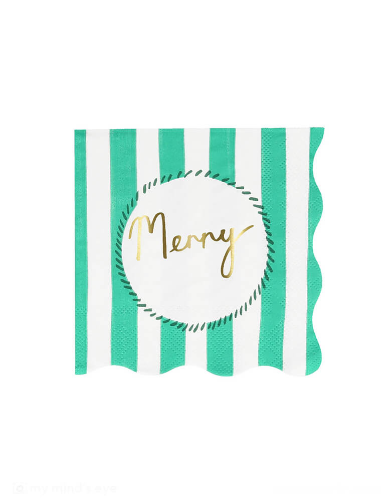 Momo Party 6.5 x 6.5 inches Christmas Striped Large Napkins by Meri Meri. Comes in a set of 16 napkins in 4 colors of red, pink, mint, and green, these vintage inspired designs, with fun messages, will instantly add style to your Christmas celebrations. They're perfect for Christmas dinner, or for any festive drinks or gathering.