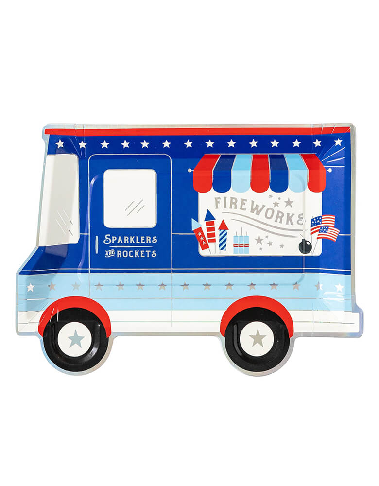 Momo Party's ROC940 - FIREWORK TRUCK SHAPED PLATE by My Mind's Eye. Featuring classic Blue white and red color palette , Die cut into to charming firework truck shape, these dinner sized party plates add patriotic flair to Fourth of July gatherings 