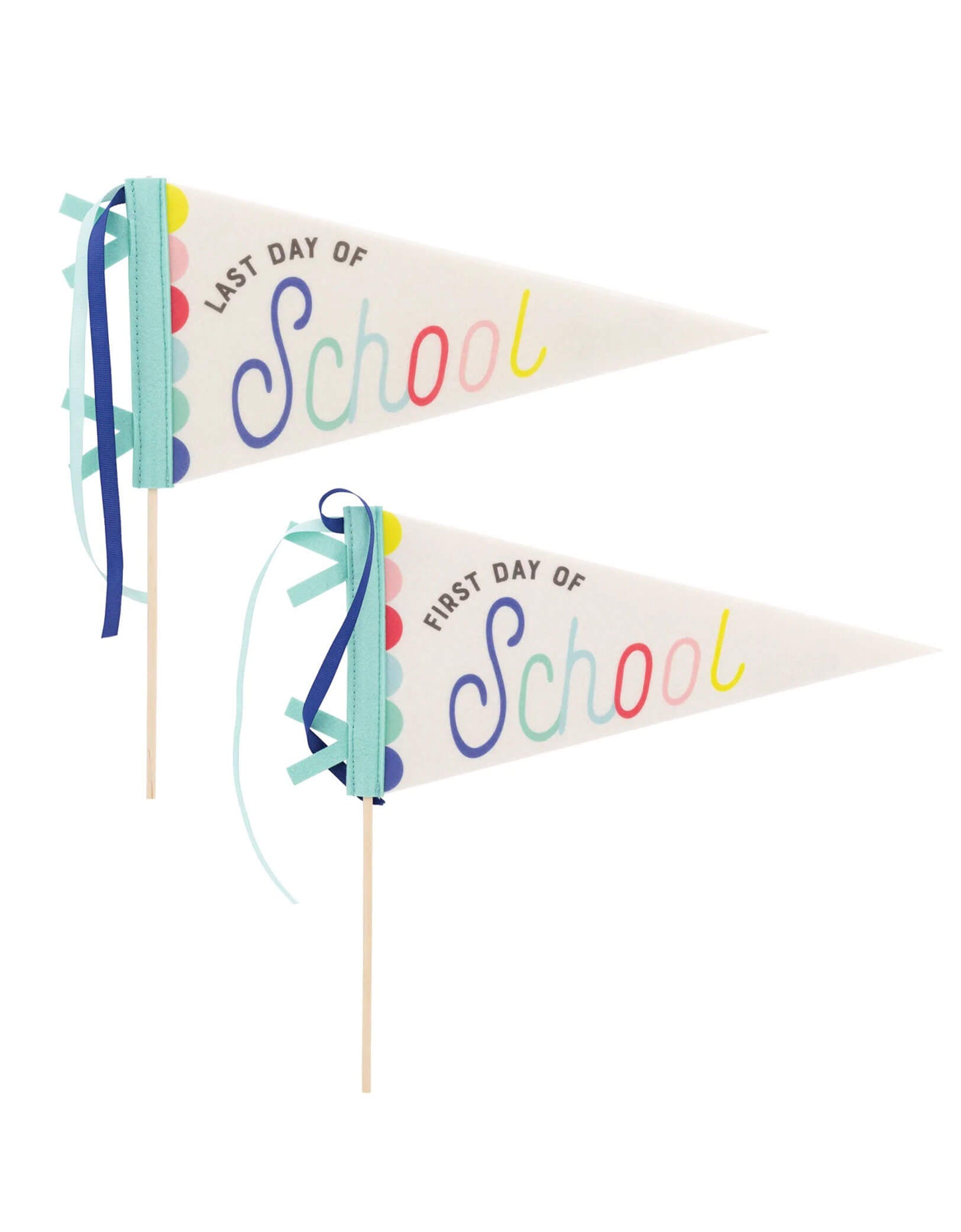Momo Party's 14" First Day of School/Last Day of School Pennant Banner Set by My Mind's Eye. This playful set features pennants for the first and last day of school, adding a unique touch to your classroom or home decor. Get ready to celebrate and capture those special moments with these festive and fun banners.