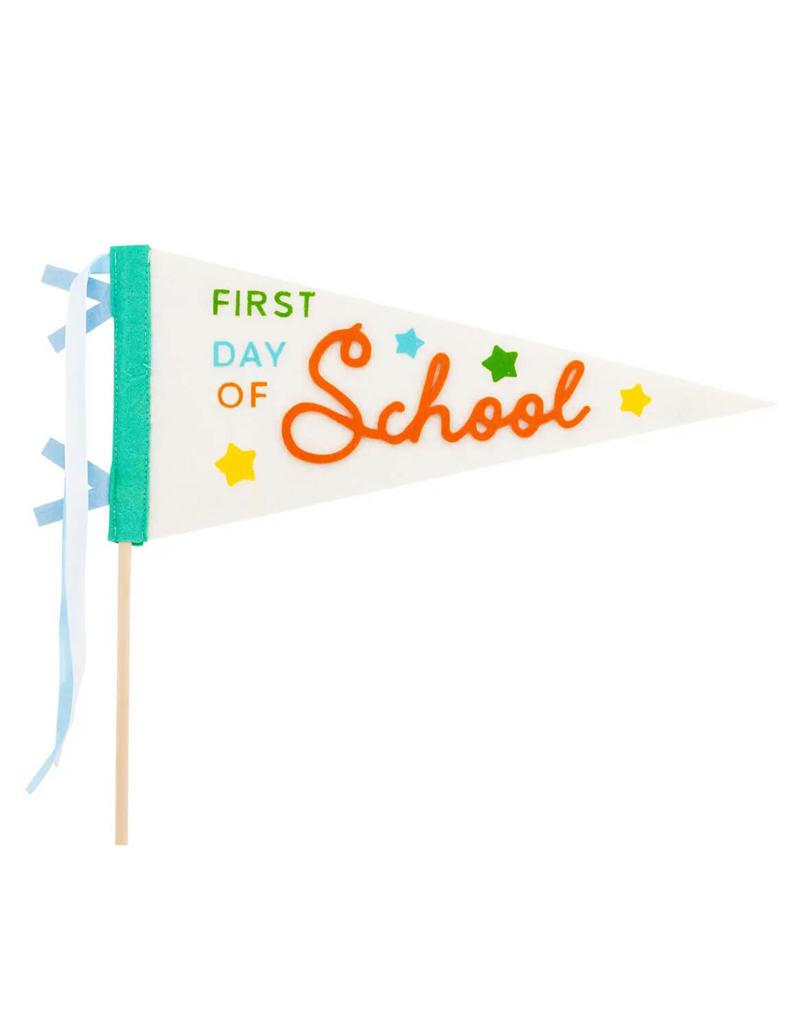 Momo Party's First Day of School Felt Party Pennant with colorful texts on a 14" wooden dowel against white background.