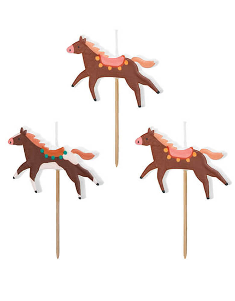 Momo Party's Floral Pony Birthday Candles by Party Deco. Comes in a set of 3 in different colors and designs, featuring an adorable set of three horse-shaped candles, these candles will bring a touch of fun and playfulness to any birthday cake. Perfect for any pony lover or animal enthusiast!