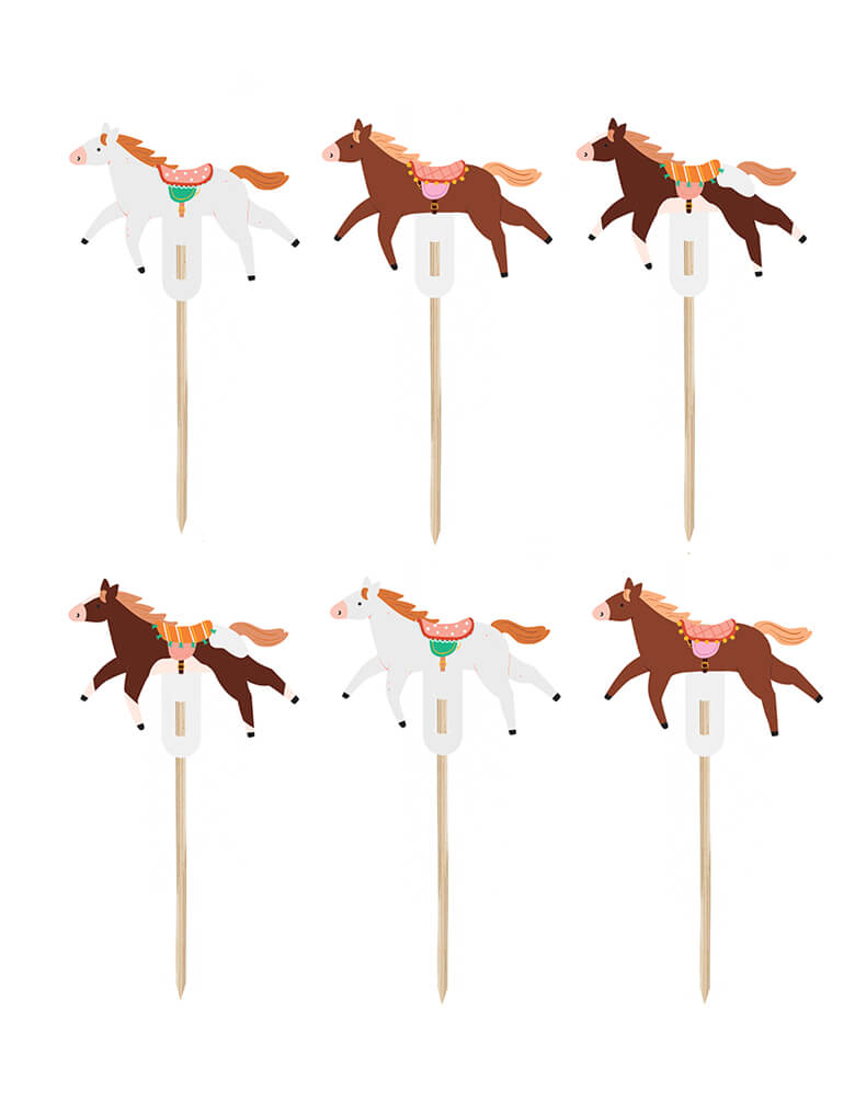 Momo Party's Floral Pony Cupcake Toppers by Party Deco. Comes in a set of 6 toppers in 3 different colors and designs, featuring adorable pony and floral designs, perfect for any celebration. Elevate your party desserts with these charming toppers!
