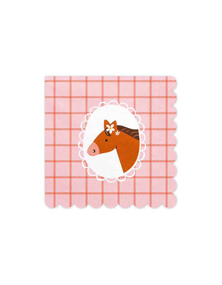 Momo Party's 6.5" large pink gingham floral pony napkins by Party Deco. Comes in a set of 16 napkins, these scallop-edged napkins featuring an adorable pony adorned with flowers are perfect for little girl's pony or horse themed birthday party.