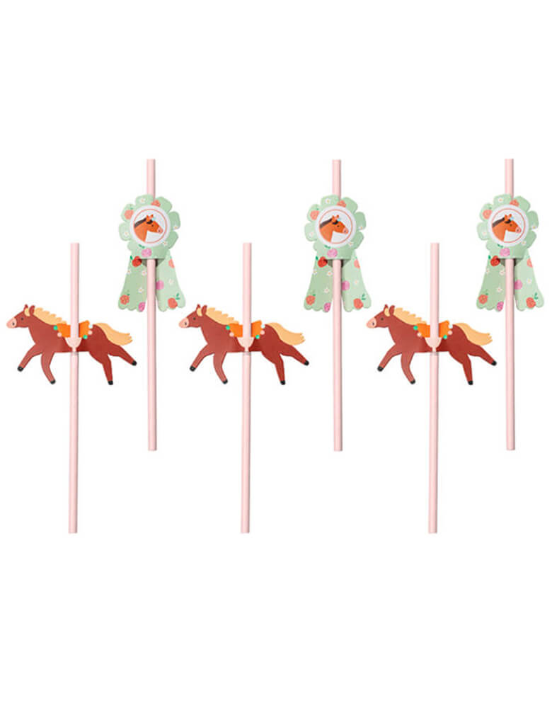 Momo Party's Floral Pony Party Straws by Party Deco. Each set of 6 light pink paper straws in 2 designs includes adorable pony and floral designs, perfect for kid's horse or pony themed party. Drink up and add some playful flair to your drinks!