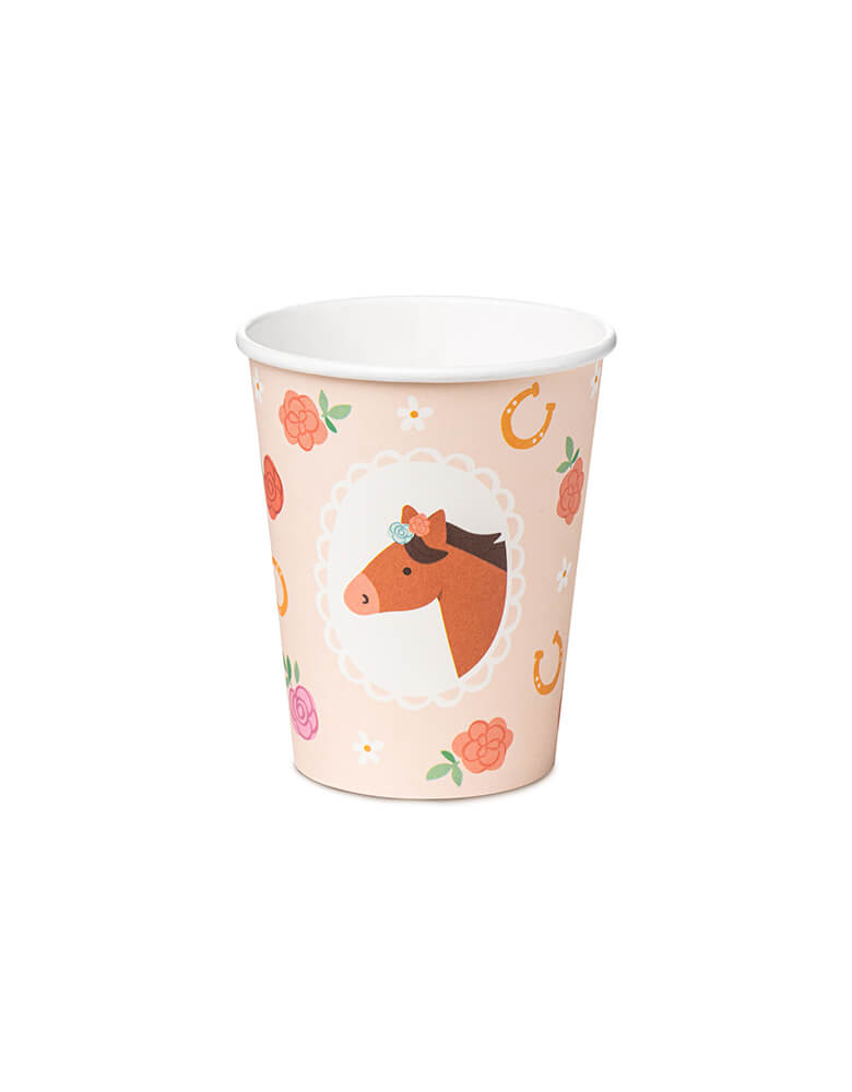 Momo Party's  7.4 oz capacity floral pony party cup by Party Deco.  This set of 6 features charming floral ponies in adorable pink hues. Perfect for adding a playful touch to a pony or horse themed party!
