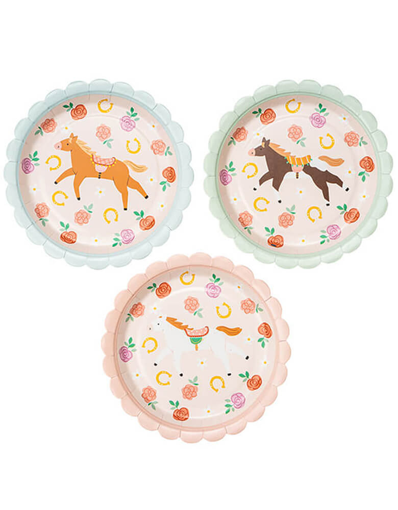 Momo Party's 7" Floral Pony Side Plates by Party Deco. Comes in a set of 6 paper plates in 3 different colors and designs, these adorable plates feature delicate floral and playful pony designs in soft pastel colors. Perfect for adding a touch of fun to little girl's pony or horse themed birthday party.