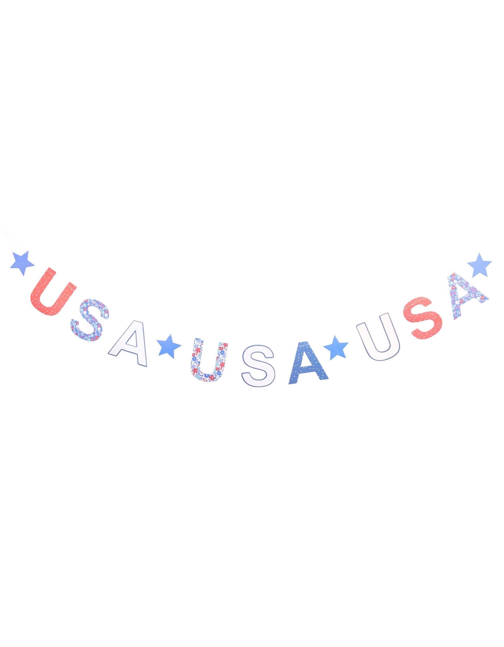 Momo Party's 5' Floral USA Banner by My Mind's Eye. This patriotic banner features beautiful floral prints and is perfect for any party. With letter U.S.A. and star designs on the banner, let your patriotism shine and add a touch of elegance to your Fourth of July party or Memorial Day BBQ or any patriotic themed celebrations. Order now for a festive and fun addition to your décor!