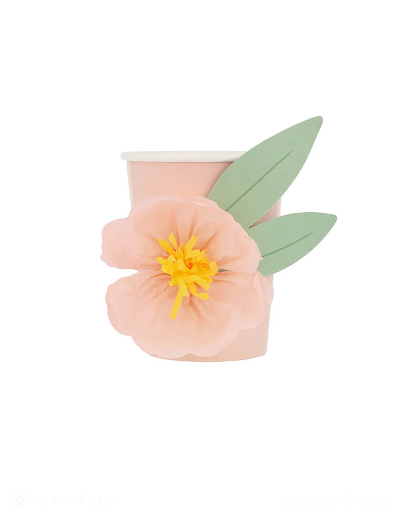 Momo Party's 9oz pale pink Paper Flower Cups by Meri Meri. These gorgeous cups feature tissue paper flowers and paper leaves for a truly elegant look. They are perfect for an engagement party, garden party, princess party or any celebration where you want a touch of floral beauty.