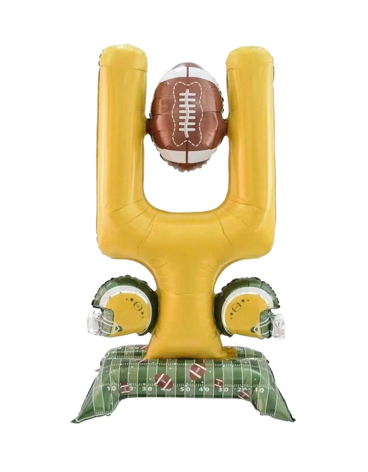 Momo Party's 59" Giant Football Goal Post Standing Foil Balloon with football helmet shaped balloons and a Turf Table Stand on a white background.